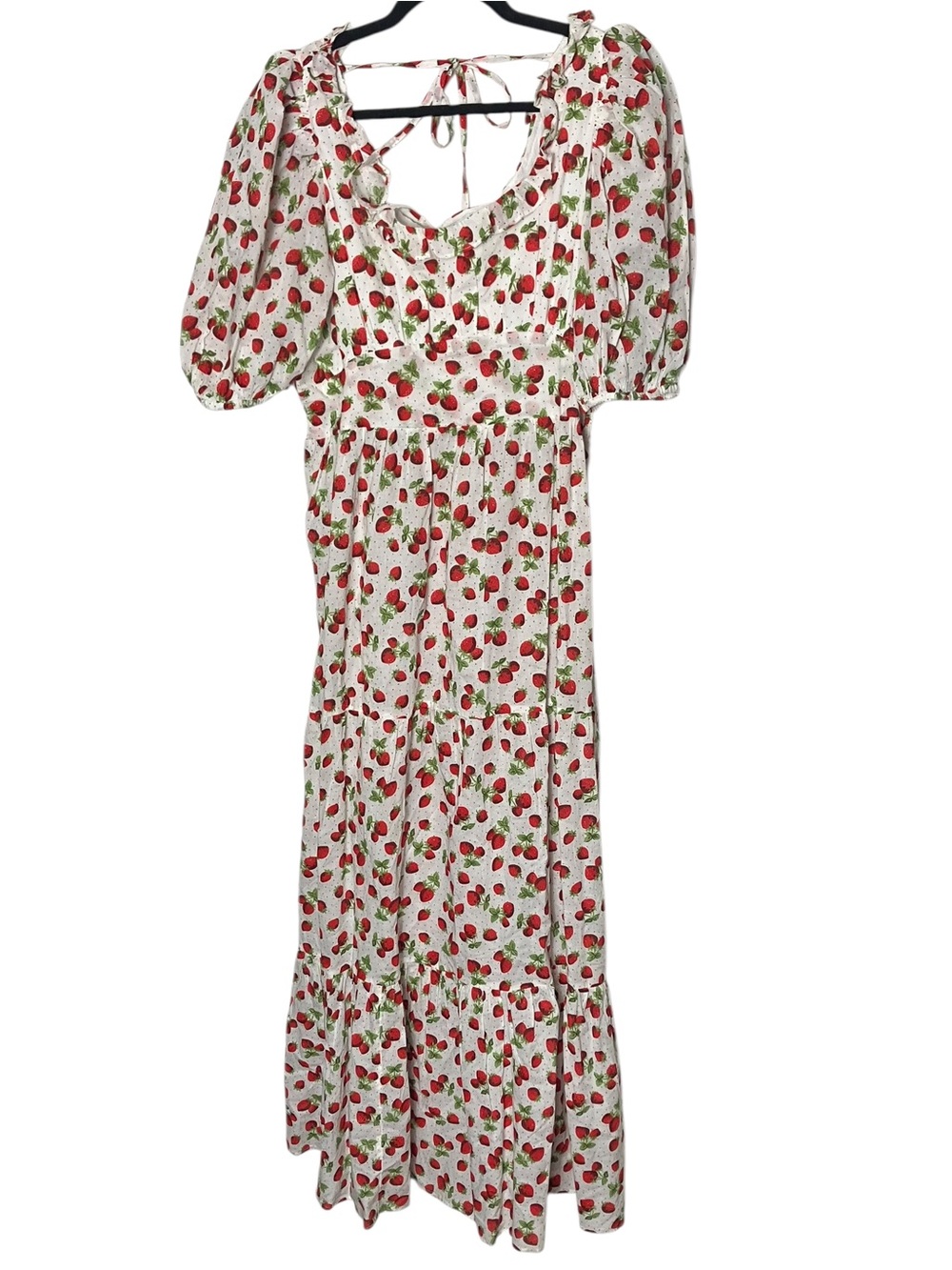 ASOS Puff Sleeve Strawberry Print Tiered Maxi Dress 12 Large - Picture 6 of 9